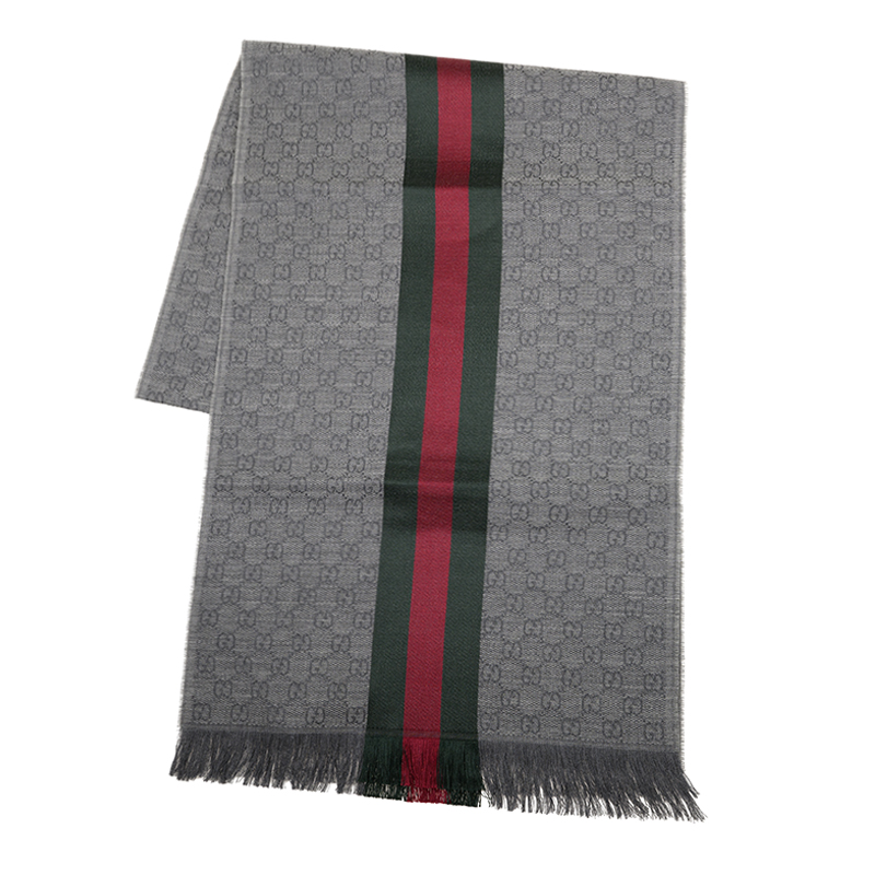 Gucci - Scarf Gray Red Green Stripes GG Wool Silk Shawl