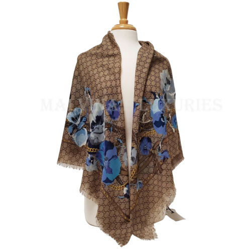 Gucci - Beige/Blue GG Floral Print Wool Scarf