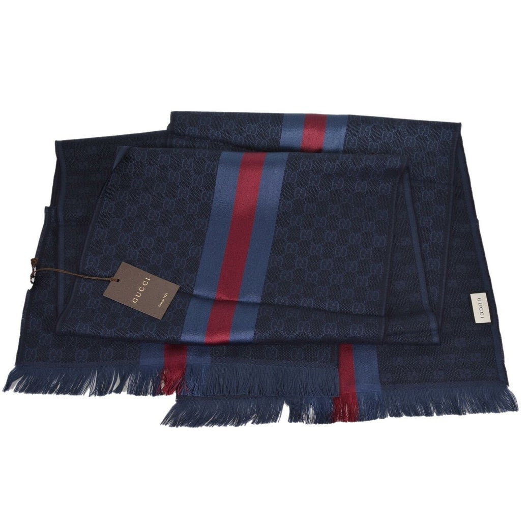 Gucci - Blue GG Monogram Stripe Wool Silk Blend Scarf