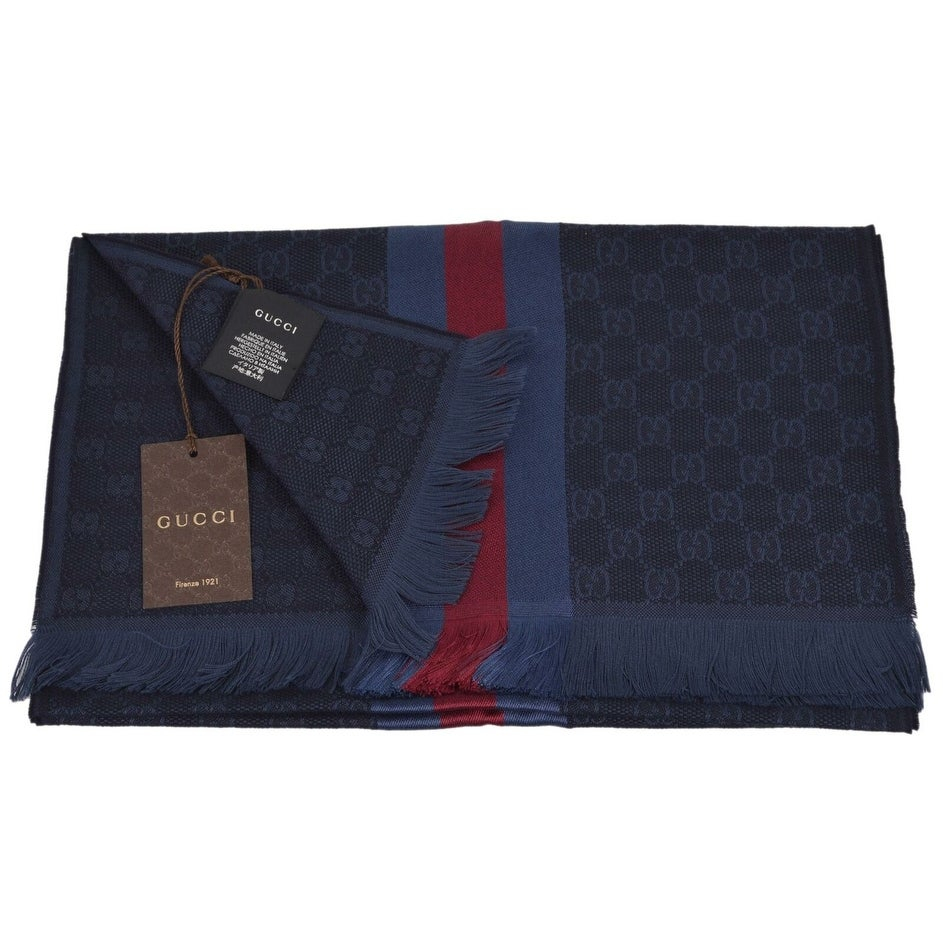 Gucci - Blue GG Monogram Stripe Wool Silk Blend Scarf